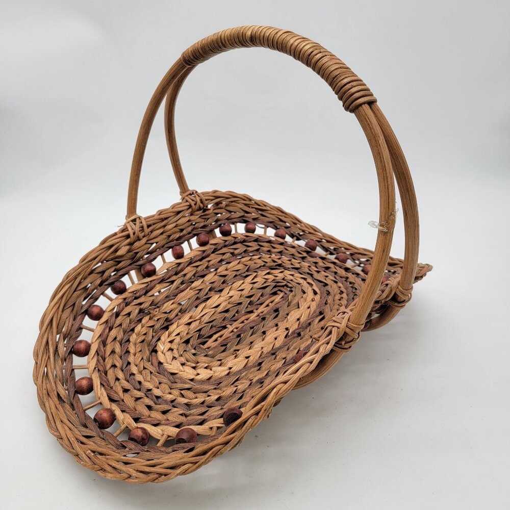 Vintage Wicker & Bead Decorative Basket With Handle - Picture 2 of 8